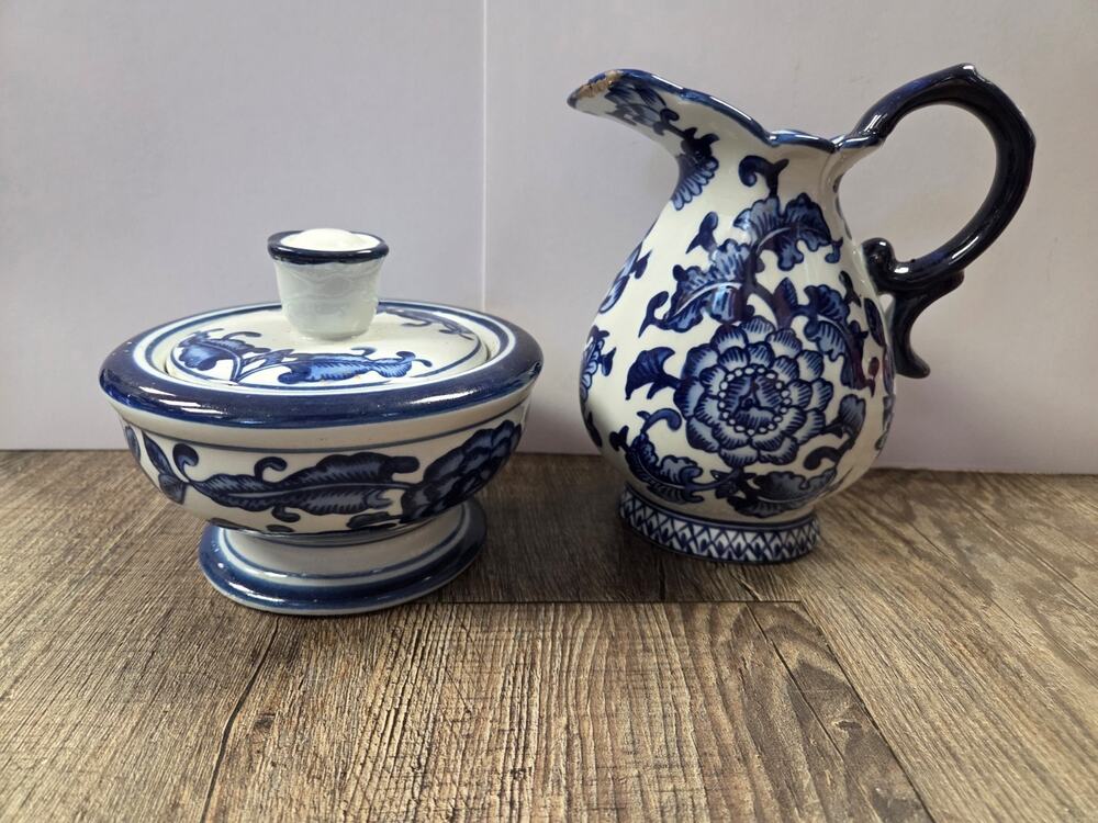 Vintage Bombay Company 6" Blue White Pitcher Ceramic Pottery + Bowl w/ Lid Set